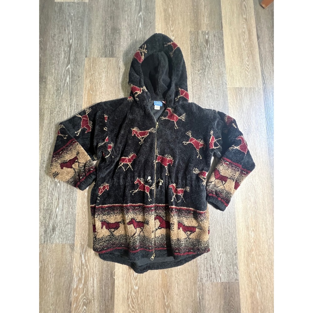 Natural Reflections Horse Fleece Hoodie Womens Medium Black Excellent Zip Jacket